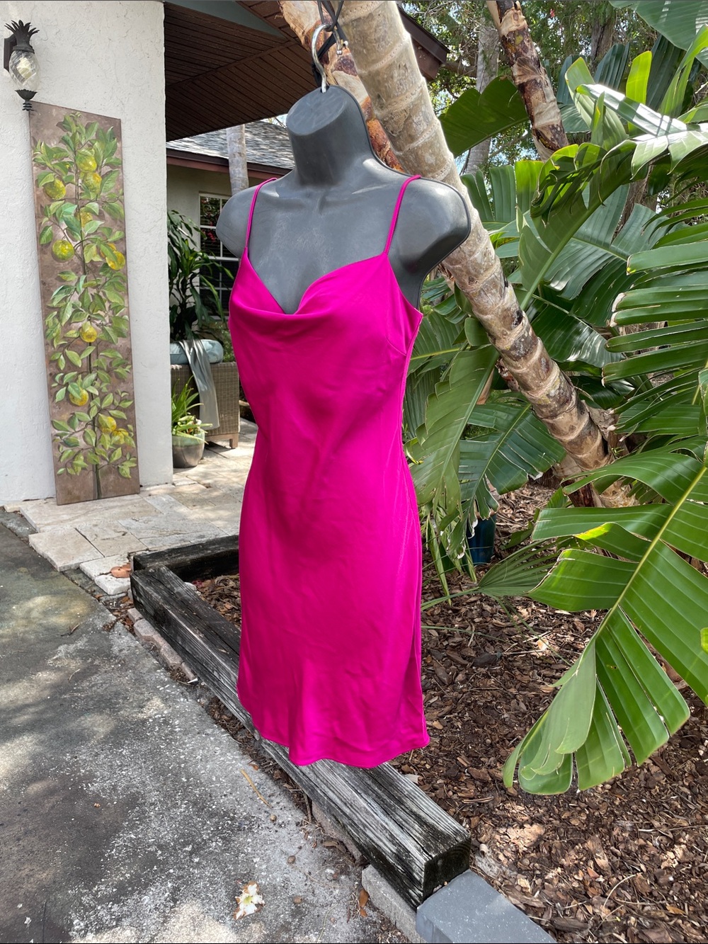 Express Cowell, neck magenta, pink satin slipped dress